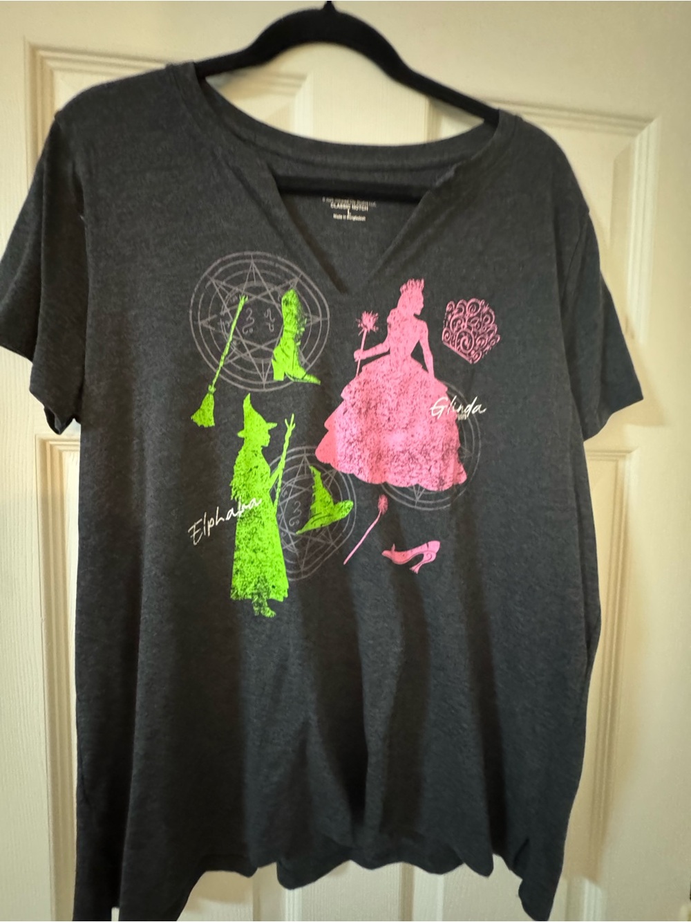 Dark Gray Graphic Witch & Princess Tee with Neon Pink and Lime Green Prints